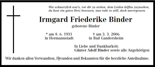 Binder Irma 1931-2006 Todesanzeige